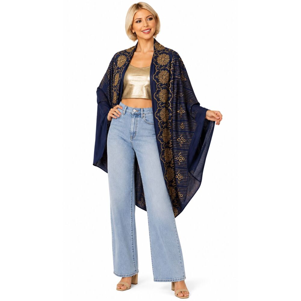NEW Gigio M 8 10  Navy Blue Taupe Embroidered Eyelet Detail Rayon Cocoon Jacket